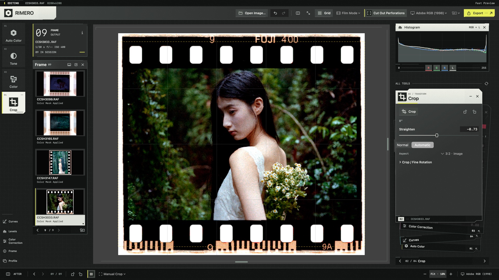 The full RIMERO window: a developed negative in the central viewer, editing tools and the frame list at left, Crop controls at right, and the roll strip along the bottom.